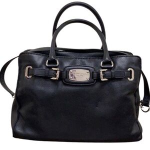 MICHAEL KORS BLACK Leather SILVER TOTE BAG Purse Hand Bag shoulder strap